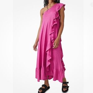 Free People FP Beach Elisa Cotton Ruffled One Shoulder Dress Size S Dahlia Mauve